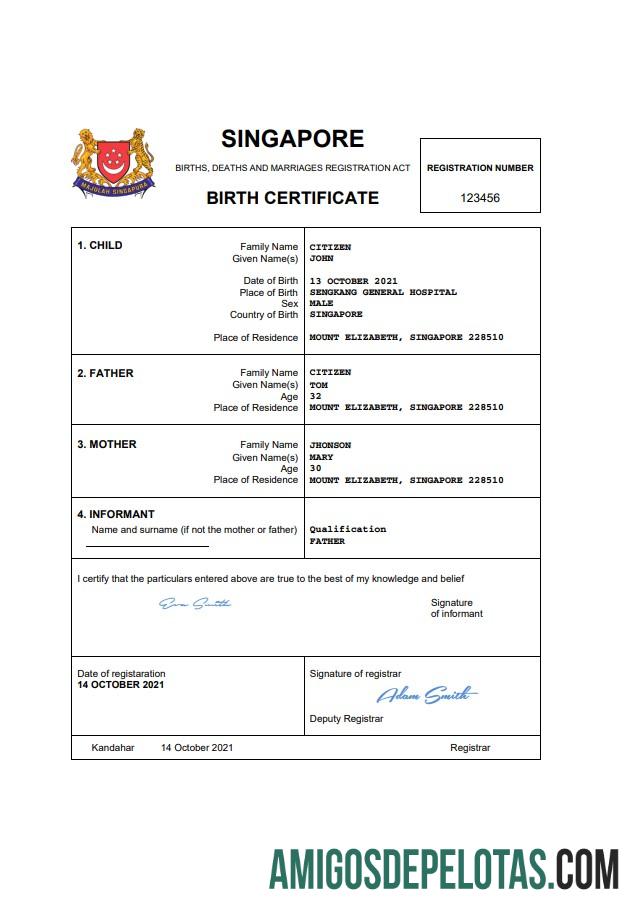 Realista modelo Word e PDF de certidão de nascimento de registro vital de Singapura
